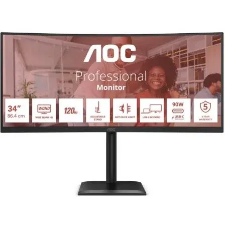 AOC CU34E4CV - Monitor Curvo Profesional Ultrapanorámico 34" WQHD 3440x1440, 120Hz, HDR10, USB-C PD 90W, Smart KVM, Altura Ajustable, Negro AOC CU34E4CV - Monitor Curvo Profesional Ultrapanorámico 34" WQHD 3440x1440, 120Hz, HDR10, USB-C PD 90W, Smart KVM, Altura Ajustable, Negro