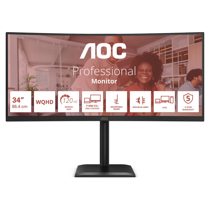 AOC CU34E4CV Monitor Profesional Curvo 34 Pulgadas WQHD 120Hz USB-C 90W Negro