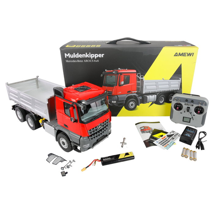 AMEWI Mercedes-Benz Arocs 6x6 Muldenkipper 1:14 RTR, Camión Basculante Eléctrico Radio Control, 595 mm, 6.1 kg, 5000 mAh, 14+ años, Rojo/Gris