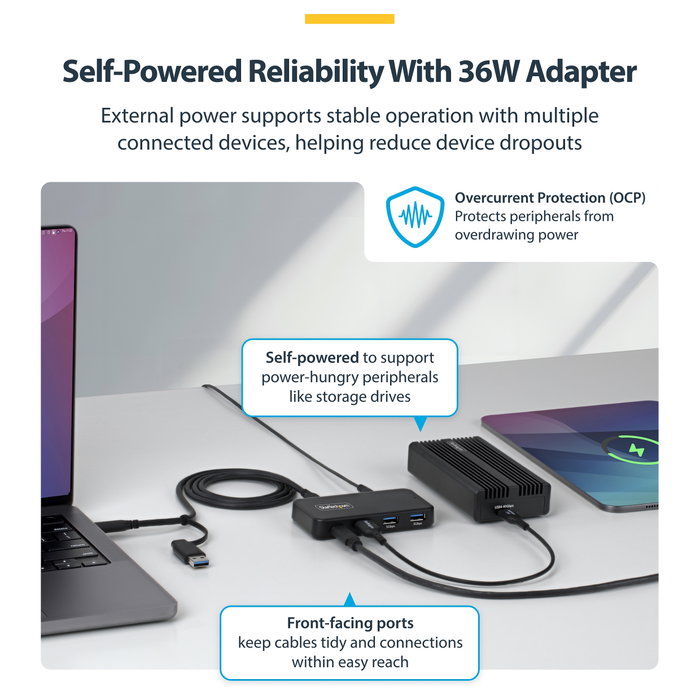 Startech Hub USB-C de 4 Puertos 5 Gbps con Cable Host 2-en-1 y BC 1.2: 1x USB-C, 3x USB-A y Alimentación Externa