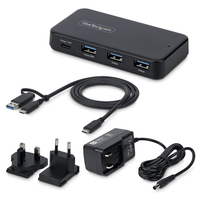 Startech Hub USB-C de 4 Puertos 5 Gbps con Cable Host 2-en-1 y BC 1.2: 1x USB-C, 3x USB-A y Alimentación Externa