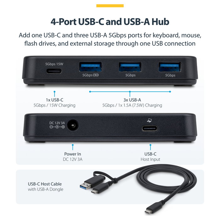 Startech Hub USB-C de 4 Puertos 5 Gbps con Cable Host 2-en-1 y BC 1.2: 1x USB-C, 3x USB-A y Alimentación Externa