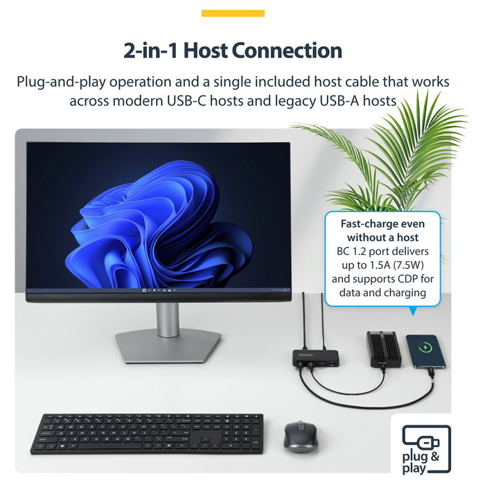 Startech Hub USB-C de 4 Puertos 5 Gbps con Cable Host 2-en-1 y BC 1.2: 1x USB-C, 3x USB-A y Alimentación Externa