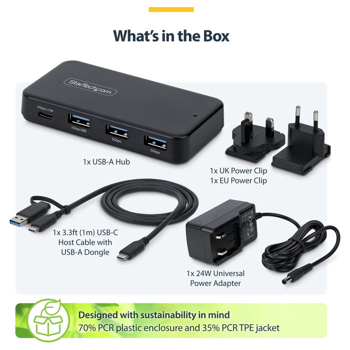 Startech Hub USB-C de 4 Puertos 5 Gbps con Cable Host 2-en-1 y BC 1.2: 1x USB-C, 3x USB-A y Alimentación Externa