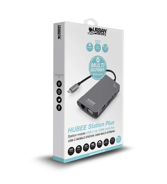 Urban Factory TCM16UF Estación Base/Docking USB-C con PD 100W, Dual Pantalla HDMI 4K & VGA, Puerto LAN Gigabit, 3x USB 3.0, Lector de Tarjetas - Color Gris