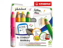 Stabilo Markdry Neon Pizarra Blanca 4 Colores + Sacapuntas