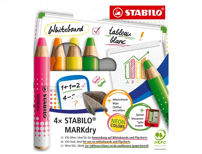 Stabilo MARKdry Neon Estuche de 4 Marcadores Surtidos con Sacapuntas y Paño de Limpieza Stabilo MARKdry Neon Estuche de 4 Marcadores Surtidos con Sacapuntas y Paño de Limpieza