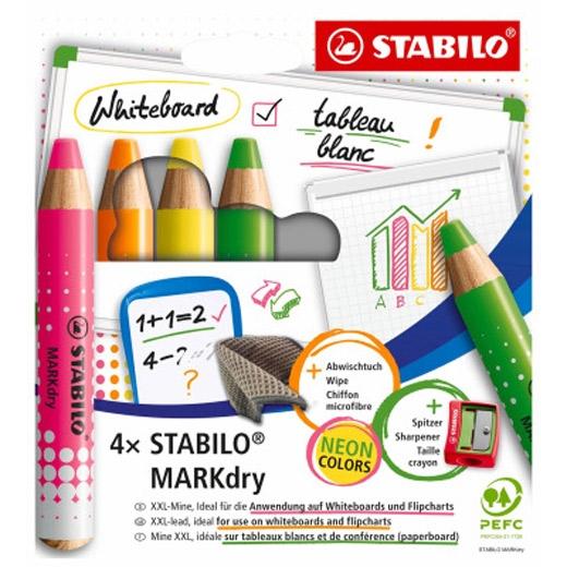 Stabilo MARKdry Neon Estuche de 4 Marcadores Surtidos con Sacapuntas y Paño de Limpieza Stabilo MARKdry Neon Estuche de 4 Marcadores Surtidos con Sacapuntas y Paño de Limpieza