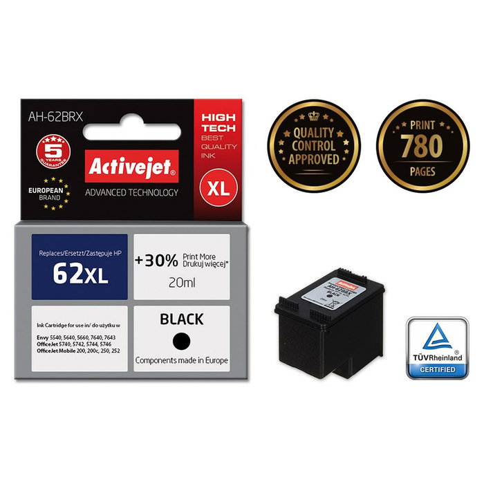 Tinta activejet ah-62brx (reemplazo para hp 62xl c2p05ae - premium - 20 ml - negra)