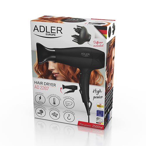 ADLER Secador de Pelo 2100W con Difusor, Recubrimiento de Goma
