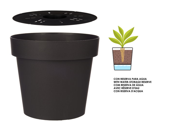 Ibergarden Maceta Plástico Antracita con Reserva de Agua 30 cm (Set de 6)