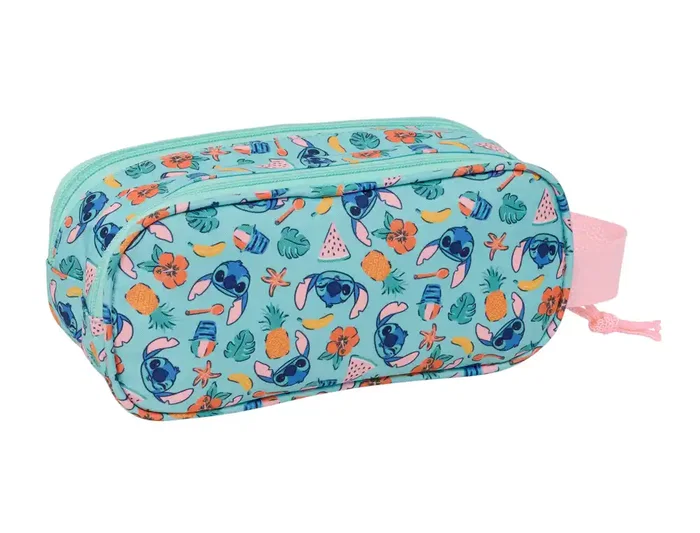 Safta Bolso Escolar Portatodo Safta Doble 3D Stitch, Estuche con Dos Cremalleras, Dimensiones 80x210x60 mm