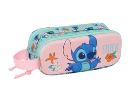 Safta Bolso Escolar Portatodo Safta Doble 3D Stitch, Estuche con Dos Cremalleras, Dimensiones 80x210x60 mm