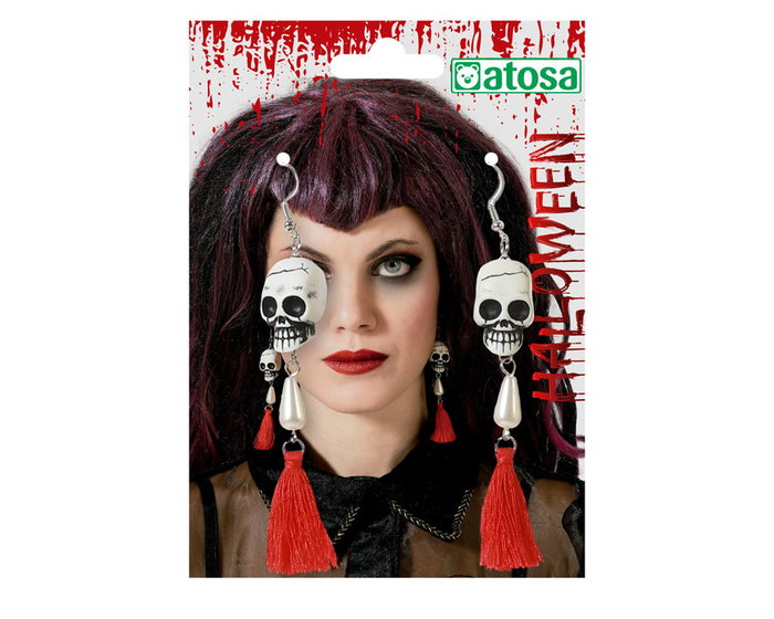 Atosa Pendientes Largos de Calavera con Borlas Rojas y Perlas