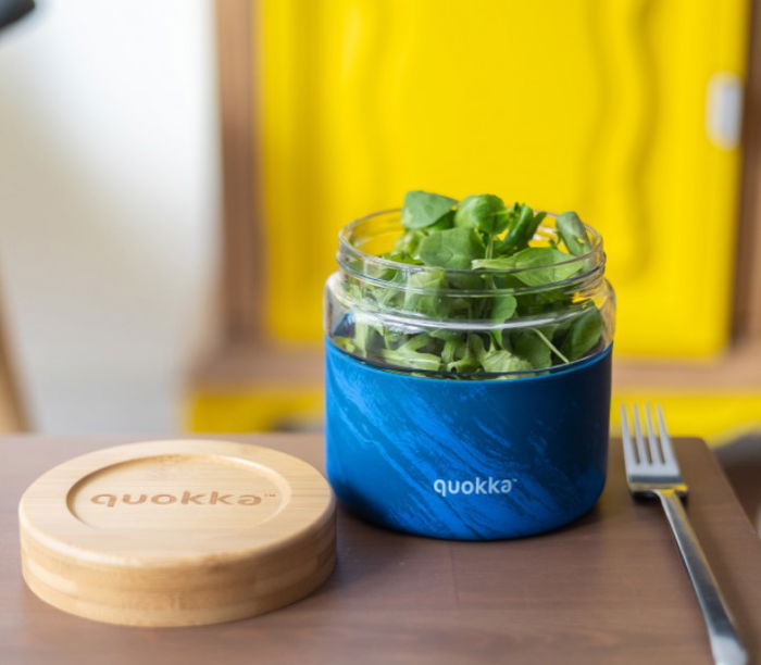 QUOKKA Recipiente de Comida de Cristal 820ml con Funda de Madera Deli Wood Grain para Almacenar Alimentos y Transporte