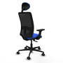 Silla de oficina Zulema con mecanismo Sincro tapizada con Tela color Azul y malla color Negro. Equipada con lumbar 1D, Brazos 2D, Cabecero Fijo y Ruedas 65mm nailon