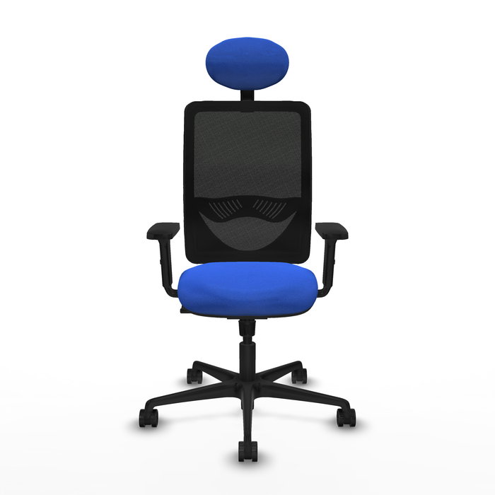 Silla de oficina Zulema con mecanismo Sincro tapizada con Tela color Azul y malla color Negro. Equipada con lumbar 1D, Brazos 2D, Cabecero Fijo y Ruedas 65mm nailon