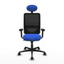 Silla de oficina Zulema con mecanismo Sincro tapizada con Tela color Azul y malla color Negro. Equipada con lumbar 1D, Brazos 2D, Cabecero Fijo y Ruedas 65mm nailon