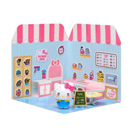Golden Toys Casa de cartón Hello Kitty Flower Cafe con figura de 7 cm y stickers - Incluye muebles 3D - Dimensiones 20.5x20.5x6 cm