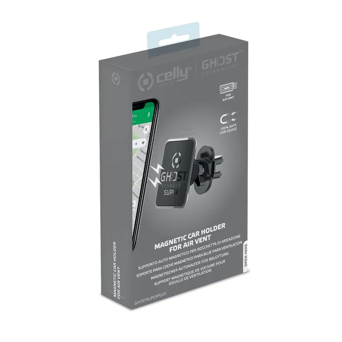 Celly Ghost Super Plus - Soporte magnético pasivo para teléfono móvil en coche, sujeta a rejilla de ventilación, color negro