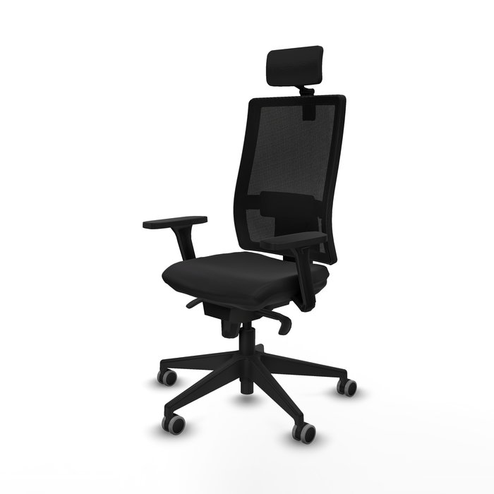 Silla de oficina Horna con mecanismo Sincro tapizada con Similpiel color Negro. Equipada con lumbar 1D, Brazos 3D, Cabecero 2D y Ruedas 65 mm parqué