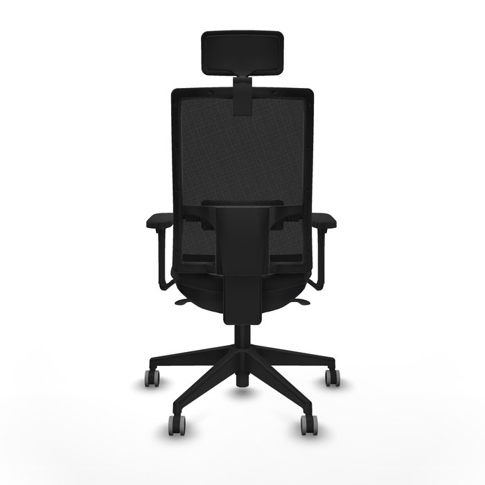 Silla de oficina Horna con mecanismo Sincro tapizada con Similpiel color Negro. Equipada con lumbar 1D, Brazos 3D, Cabecero 2D y Ruedas 65 mm parqué