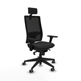 Silla de oficina Horna con mecanismo Sincro tapizada con Similpiel color Negro. Equipada con lumbar 1D, Brazos 3D, Cabecero 2D y Ruedas 65 mm parqué