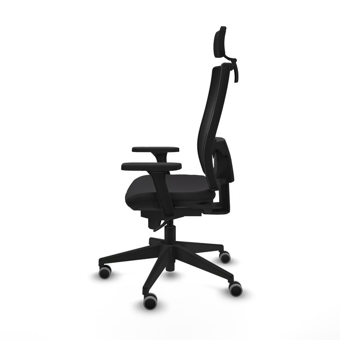 Silla de oficina Horna con mecanismo Sincro tapizada con Similpiel color Negro. Equipada con lumbar 1D, Brazos 3D, Cabecero 2D y Ruedas 65 mm parqué