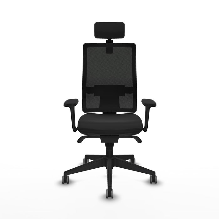 Silla de oficina Horna con mecanismo Sincro tapizada con Similpiel color Negro. Equipada con lumbar 1D, Brazos 3D, Cabecero 2D y Ruedas 65 mm parqué