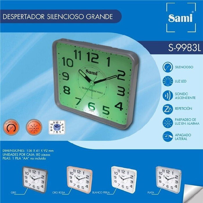 SAMI Despertador Mediano Cuadrado Plano Silencioso con Alarma y Parpadeo de Luz - Negro