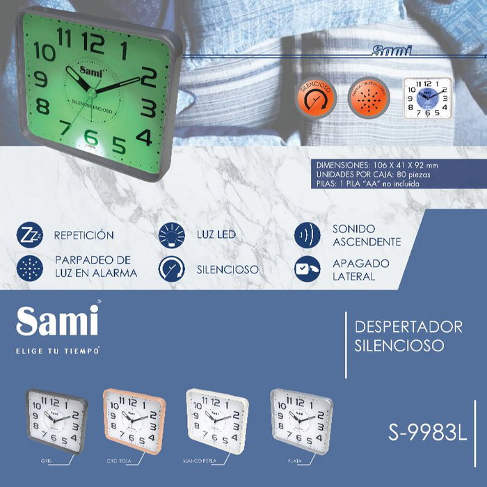 SAMI Despertador Mediano Cuadrado Plano Silencioso con Alarma y Parpadeo de Luz - Negro