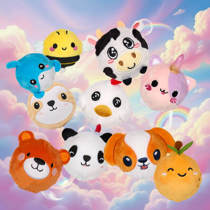 Jeux 2 momes Peluche Pelota Rebotante - Surtido de 10 modelos: tiburón, pollo, abeja, perezoso, naranja, panda, gaticornio, perro, oso, vaca