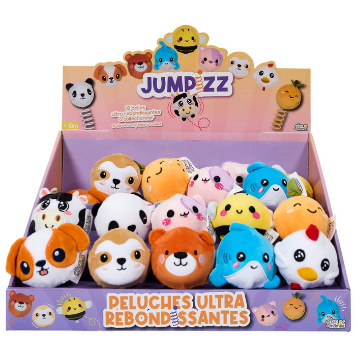 Jeux 2 momes Peluche Pelota Rebotante - Surtido de 10 modelos: tiburón, pollo, abeja, perezoso, naranja, panda, gaticornio, perro, oso, vaca
