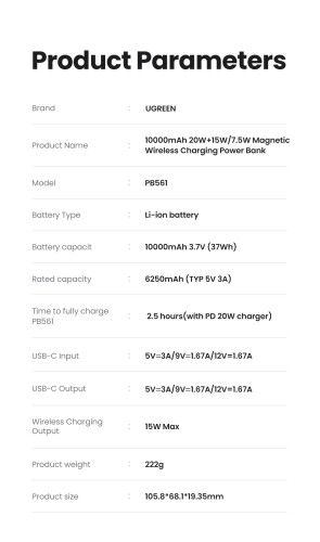 UGREEN 25208 Batería Externa 10000 mAh Cargador Inalámbrico Beige para iPhone 12-15 Series, Carga Rápida PD 20W