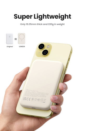UGREEN 25208 Batería Externa 10000 mAh Cargador Inalámbrico Beige para iPhone 12-15 Series, Carga Rápida PD 20W