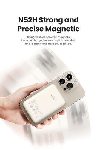 UGREEN 25208 Batería Externa 10000 mAh Cargador Inalámbrico Beige para iPhone 12-15 Series, Carga Rápida PD 20W