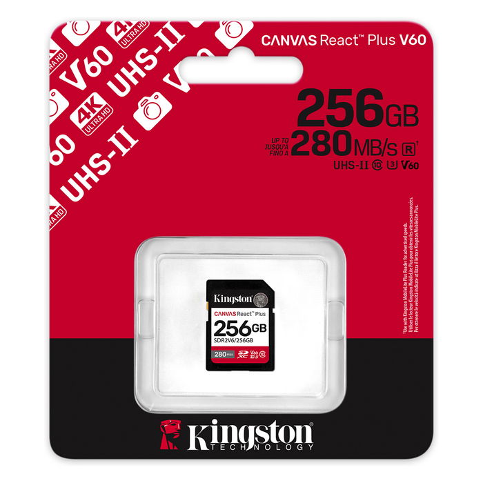 Kingston XC React+ 280R/150W Tarjeta SDXC 256GB UHS-II Velocidad Lectura 280MB/s Escritura 150MB/s V60 U3 Clase 10