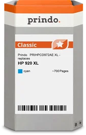 Prindo Classic XL Cartucho de Tinta Cian Compatible con HP 920 XL (CD972AE), ~700 Páginas