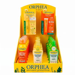 Orphea Expositor sobremesa repelentes mosquitos 30 uds con postpicaduras niños, gel safari, leche corporal, spray extra fuerte y loción vegetal