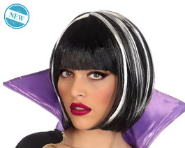 Peluca Corta Vampiresa Blanca con Flequillo y Mechas Negras