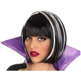 Peluca Corta Vampiresa Blanca con Flequillo y Mechas Negras