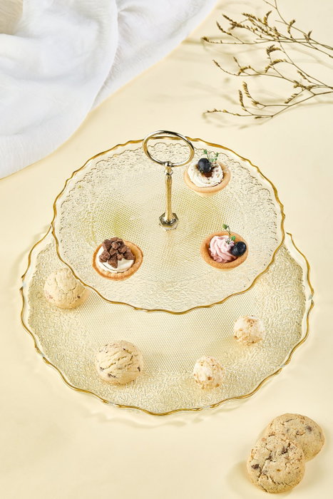 Hermia Plato de Galletas Dos Niveles Transparente 28cm y 21cm de Vidrio Elegante para Fiestas y Reuniones