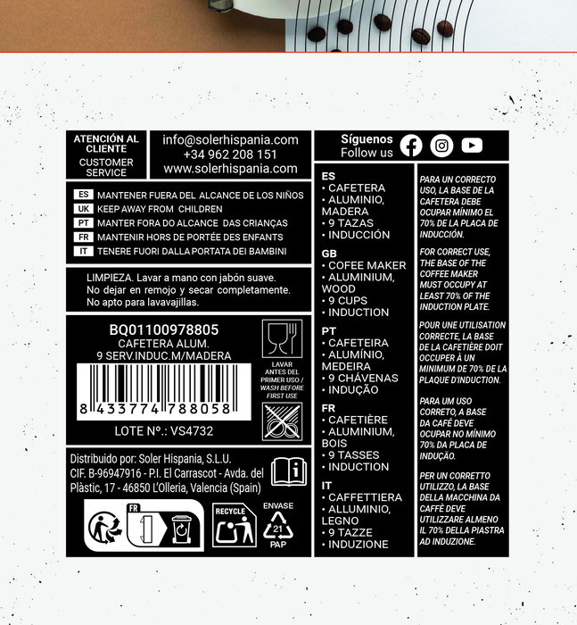 Inde Cafetera de Aluminio para 9 servicios con inducción y mango de madera Quttin 450ml (6 Unidades)