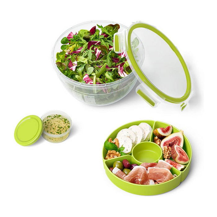 Emsa N1060700 Salatbox Redonda con Compartimento y Caja para Aderezo, 2.6 L, Transparente y Verde