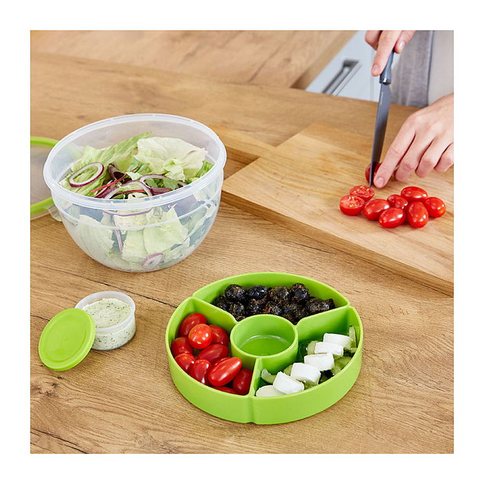 Emsa N1060700 Salatbox Redonda con Compartimento y Caja para Aderezo, 2.6 L, Transparente y Verde