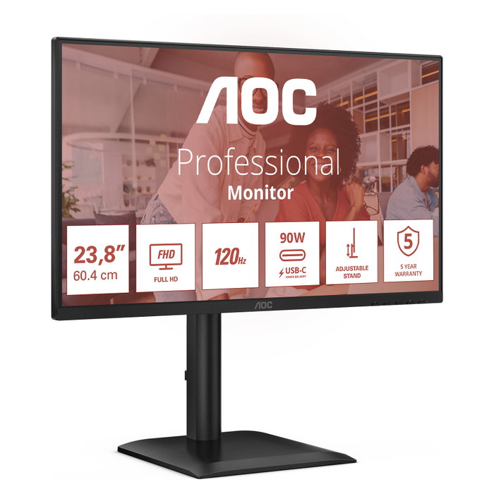 AOC 24E4CV Monitor 24" Full HD (1920x1080) IPS 120Hz HDR, USB-C 90W, HDMI, DP, Altavoces, Soporte Ajustable