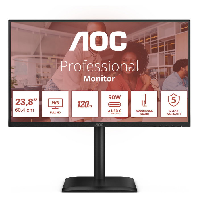 AOC 24E4CV Monitor 24" Full HD (1920x1080) IPS 120Hz HDR, USB-C 90W, HDMI, DP, Altavoces, Soporte Ajustable