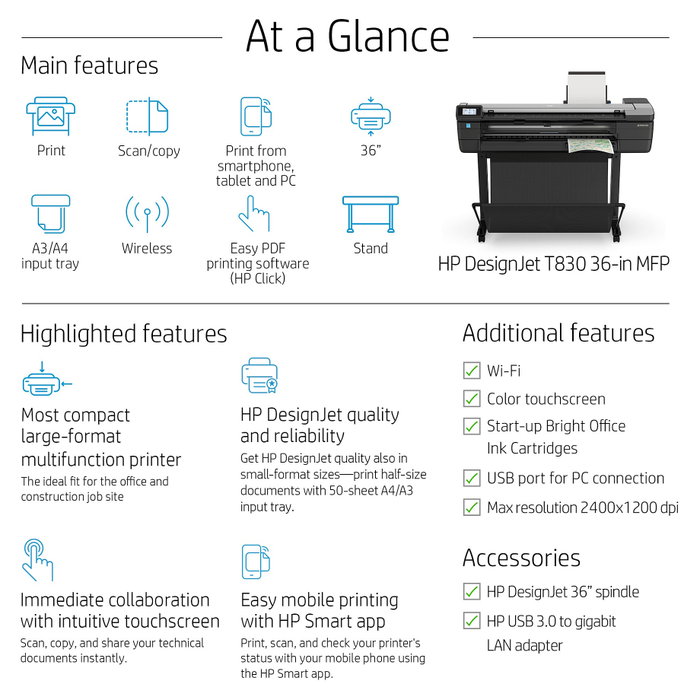HP DesignJet T830 610 mm (24") Multifunktionsdrucker Farbe Tintenstrahl (F9A28D#B19)