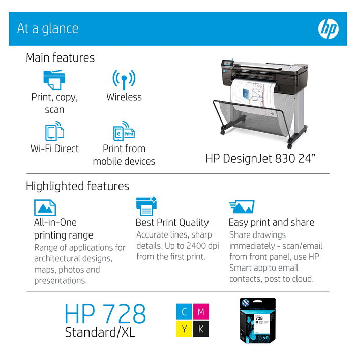 HP DesignJet T830 610 mm (24") Multifunktionsdrucker Farbe Tintenstrahl (F9A28D#B19)