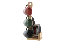 DKD Home Decor Lianfeng 21 Set de 6 Vasos de Café, Gres y Rubberwood, Verde y Rosa, 17 x 35 x 16 cm